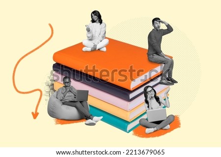 Creative photo 3d collage poster artwork of many black white filter people do activity diverse union isolated on drawing background