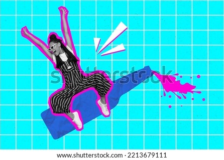 Creative drawing collage picture of positive funny funky energetic woman raise hands have fun riding alcohol wine champagne bottle bar pub