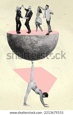 Creative photo 3d collage poster postcard artwork of sportive girl balance foot hold big part planet isolated on painting background