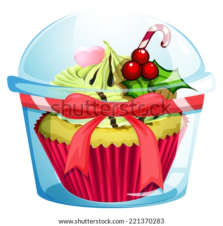 Illustration of a clear disposable transparent container with a cupcake on a white background
