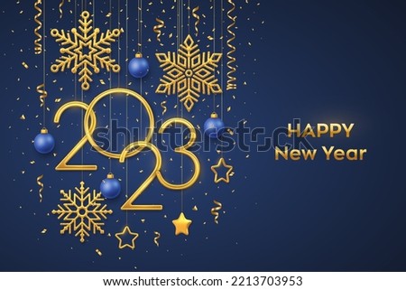 Happy New 2023 Year. Hanging Golden metallic numbers 2023 with shining snowflakes, 3D metallic stars, balls and confetti on blue background. New Year greeting card or banner template. Vector. Royalty-Free Stock Photo #2213703953