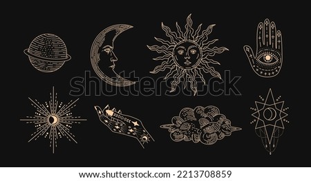 Set of linear vector illustrations. Hand drawn celestial illustrations depicting the sun, moon, planet, clouds. design elements for decoration in a modern style. magic drawings.
 Royalty-Free Stock Photo #2213708859