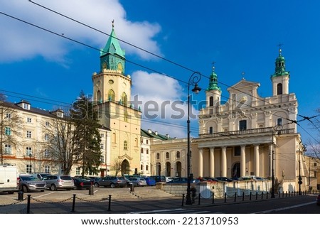 View of Roman Catholic Cathedral of St. John Baptist in centre of Polish city of Lublin in sunny spring day Royalty-Free Stock Photo #2213710953
