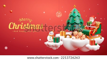 3d red Christmas banner. Santa sitting on reindeer sleigh holding gift on floating cloud shape island, which is decorated with Christmas tree, presents and snowman.