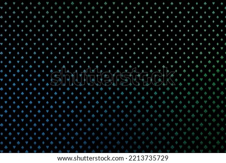 Dark blue, green vector background with cards signs. Colored illustration with hearts, spades, clubs, diamonds. Template for business cards of casinos.
