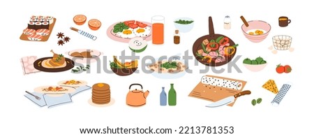 Dishes on plates, bowls set. Dinner and lunch meals with meat, vegetables, mushrooms. Served chicken, sushi, pasta, fried eggs, fruits. Flat graphic vector illustrations isolated on white background Royalty-Free Stock Photo #2213781353