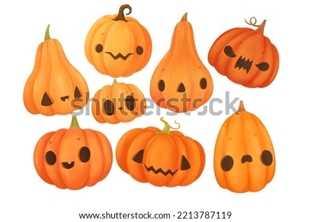 Cute halloween pumpkin set clip art, halloween clip art, autumn decorations, fall, holiday, party decorations, isolated on white background, suitable for prints, stickers, postcards, patterns