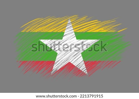 3D Flag of Myanmar on vintage style brush background.