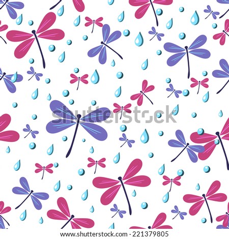 seamless pattern with dragonflies and rain drops