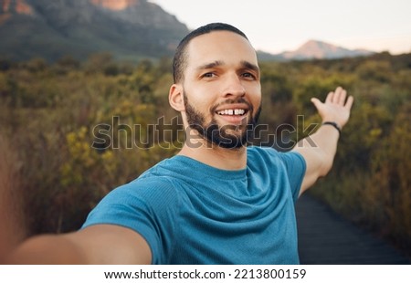 Fitness, running and man taking a selfie on mountain during outdoor run. Young runner on hike, workout and exercise in nature takes picture of scenic view. Hiking, travel and adventure in Australia