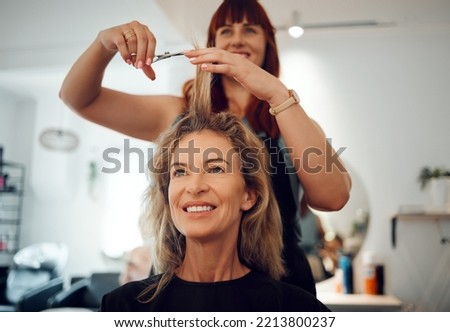 Hair, hairdresser or senior customer at salon studio for spa hair care, beauty work or hair salon service. Beautician girl, designer hair stylist or small business owner with client woman for haircut Royalty-Free Stock Photo #2213800237
