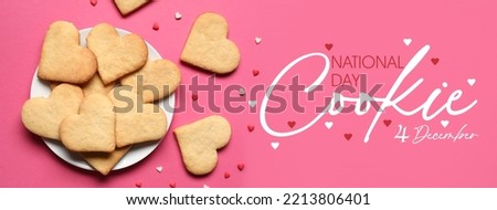 Plate with tasty heart shaped cookies on pink background. National Cookie Day