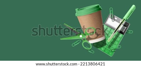 Flying paper coffee cup and set of school supplies on green background with space for text Royalty-Free Stock Photo #2213806421