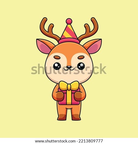 cute birthday deer cartoon mascot doodle art hand drawn concept vector kawaii icon illustration