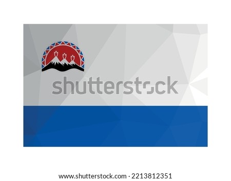 Vector illustration. Official ensign of Kamchatka Krai (Russia). National flag in white and blue colors with volcanos. Creative design in polygonal style with triangular shapes