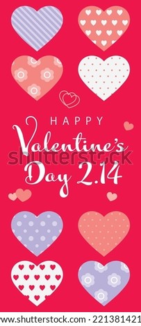 Various heart and Happy Valentine's Day February 14 text