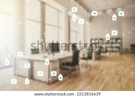 Abstract virtual medical hologram on a modern furnished classroom background, online medical consulting concept. Multiexposure