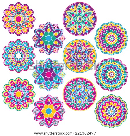 Multi-Colored Rangoli Clip Art Set. Includes 12 colorful geometric flowers graphics created using vector software. Royalty-Free Stock Photo #221382499