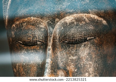 Close-up on the eyes of a large statue of the main Buddhist religious character - Gautama Buddha, who achieved enlightenment under a tree.