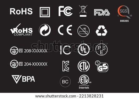 Label icons for international packaging information, FCC FDA CE RoHS BPA ETL UL GS certificate icons. Packaging fragile icons collection Vector illustration