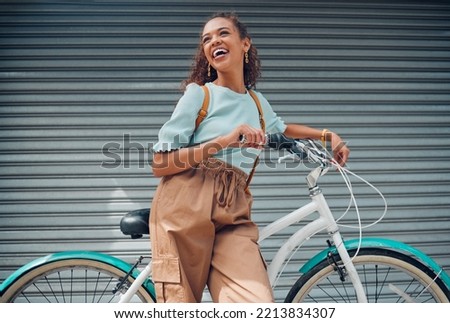 Summer, smile and girl with bicycle in city to explore, journey and outdoor adventure. Fashion, beauty and happy young girl with bike in road. Cycling, carbon footprint and student in urban street Royalty-Free Stock Photo #2213834307