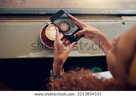 Woman coffee picture, social media app post with smartphone and advertising cafe barista skills online. Gen z girl, wifi internet connection at coffee shop and 5g mobile technology marketing network