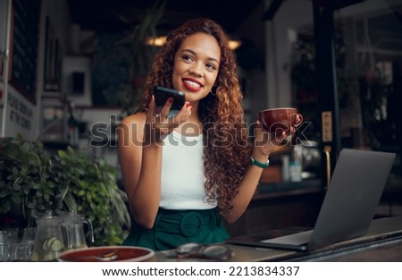 Microphone, phone, and woman at cafe using voice recognition, recording and loudspeaker for an audio message. Smile, communication and happy girl talking, conversation or speaking on a social network