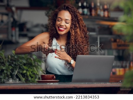 Coffee, phone and blog with woman in cafe with laptop for social media influencer, advertising or small business. Happy, technology or internet with girl in coffee shop and picture for online website