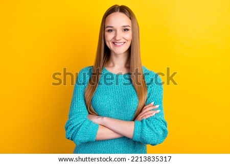 Photo of cool attractive business lady friendly smiling responsible person arms crossed yellow isolated color background.