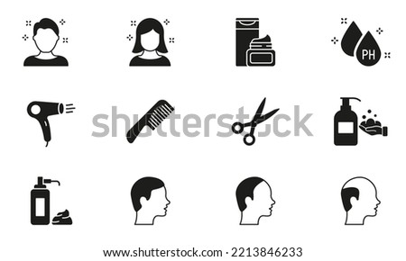 Barbershop and Hairdresser Silhouette Icons. Hair Care and Hairdressing Tools Icons Set. Barber Comb, Scissors, Dryer, Shampoo and Shaving Cream. Isolated Vector Illustration. Royalty-Free Stock Photo #2213846233