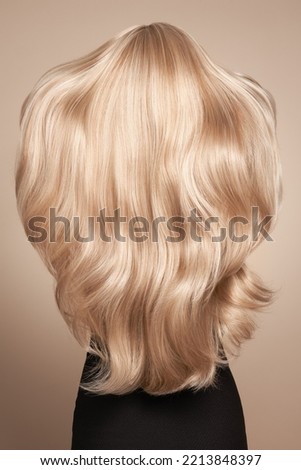 Back view of woman with long beautiful blond hair isolated on beige background. Dyeing and hair care. Shiny smooth blonde hair
