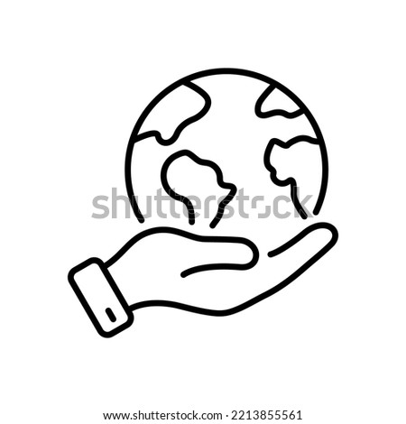 Human Environmental Protection Line Icon. World Environment Conservation Linear Pictogram. Hand Holding Earth Planet Outline Icon. Save Global Nature. Editable Stroke. Isolated Vector Illustration. Royalty-Free Stock Photo #2213855561