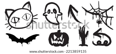 Set of graffiti spray pattern. Collection of halloween symbols, arrow, pumpkin, spider, bat, ghost with spray texture. Elements on white background for banner, decoration, street art, halloween.