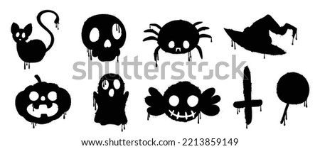 Set of graffiti spray pattern. Collection of halloween symbols, cat, candy, spider, skull, pumpkin with spray texture. Elements on white background for banner, decoration, street art, halloween.