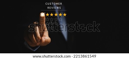 positive customer reviews Tap the happiness icon and five-star smiley face. Satisfaction survey concept, opinions, customer service The best response from the user experience of the prod