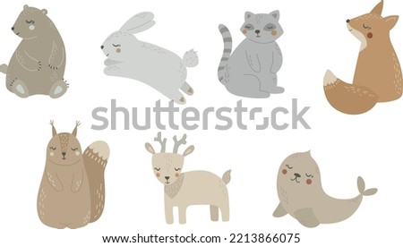 Set of cute animals, bear, fox, raccoon, squirrel, deer, seal, vector illustration for design, print, pattern, isolated on white background