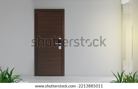 Door way with digital  locking on wood door. Digital door handle with wood oak door panel. Royalty-Free Stock Photo #2213885011