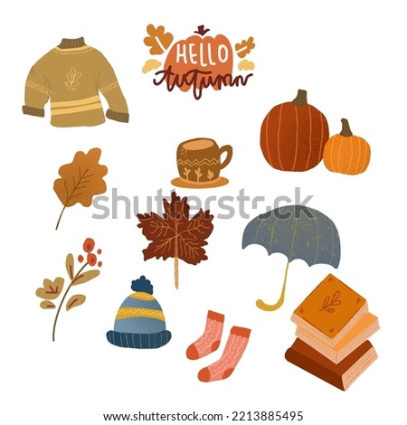 Autumn set collection elements
Hand drawn illustration. Autumn clip art stickers 
Sweater calligraphy pumpkin leaf leaves a cup of tea umbrella books. 