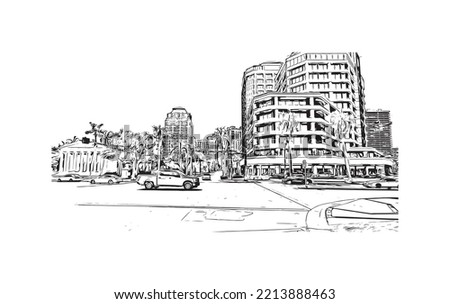 Building view with landmark of Palm Beach is a town in South Florida. Hand drawn sketch illustration inventor.