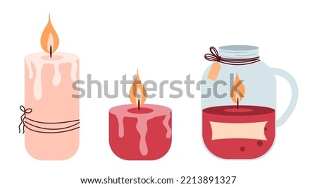 Set of burning candles. Hand-drawn vector illustration in doodle style . Design for holiday cards, stickers, print.