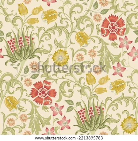 Floral seamless pattern with field of flowers on light beige background. Vector illustration. Royalty-Free Stock Photo #2213895783