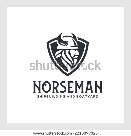 Viking logo design. Nordic warrior symbol. Horned Norseman emblem. Barbarian man head icon with horn helmet and beard. Brand identity vector illustration. Royalty-Free Stock Photo #2213899825