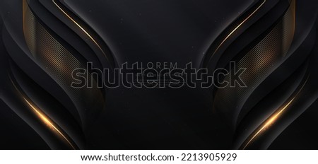 Luxury curve golden lines on black background with lighting effect copy space for text. Luxury design style. Template premium award design. Vector illustration