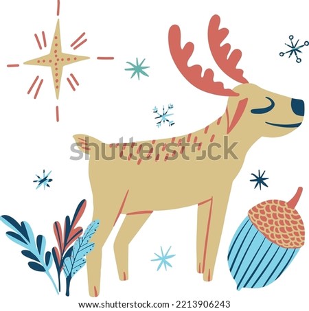 set with cute deer winter time illustration isolated on white