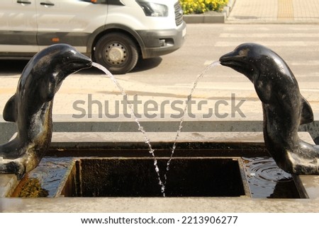 Dolphin shaped city miniatures squirting water in a pool. High quality photo