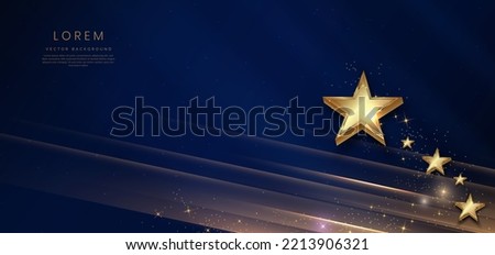 Abstract luxury golden stars on dark blue background with lighting effect and spakle. Template premium award design. Vector illustration