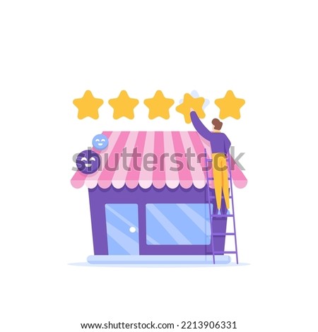 optimization and business review. improve good reputation and improve service. a businessman or customer gives a store 5 stars. SMEs or small and medium businesses and online shops. illustration