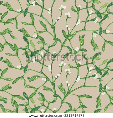 Christmas seamless pattern, mistletoe, beige background. Green leaves, berries. Vector illustration. Nature design. Season greeting. Winter Xmas holidays