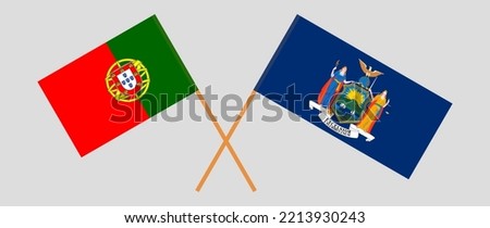 Crossed flags of Portugal and The State of New York. Official colors. Correct proportion. Vector illustration
