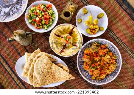 Delicious food from the Middle East: a feast in Jordan Royalty-Free Stock Photo #221395402